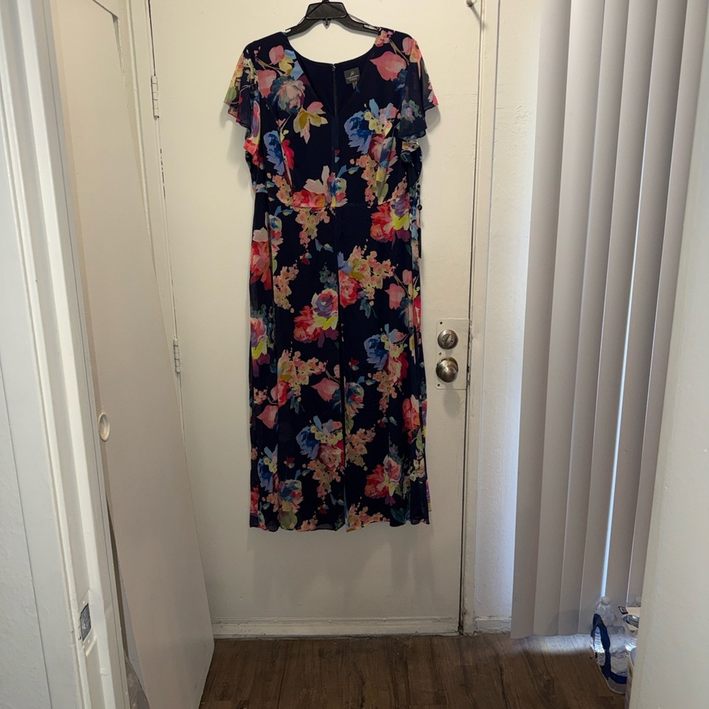 Adrianna Papell Navy Floral Flutter-Sleeve Jumpsuit - Picture 7 of 7